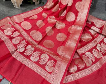 Red Banarasi Dupatta Pure Chanderi Silk by Cotton / Free Shipping in US