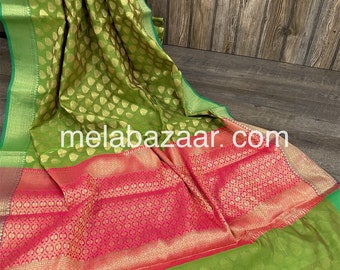 Green Banarsi Chanderi Silk Cotton Saree/  Free Shipping In US