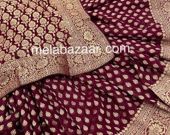Banarasi Saree Khaddi Georgette / Burgundy and Gold Saree/ Free Shipping In US