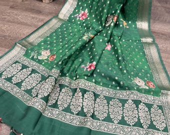 Green Floral Banarasi Dupatta /Stole/Wrap/Ships from Ohio
