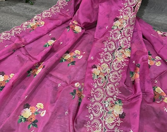 Dupatta / Estola / Chal de organza con estampado floral fucsia oscuro ligero / Envío gratuito en EE. UU.