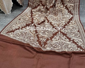 Embroidered Brown Pure Wool Shawl / wrap / scarf/ stole, Free Shipping in US
