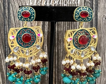Meenakari Teal Indian Earrings/ Free Shipping in US