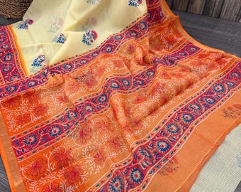 Cream Pure Cotton Kota Saree Hand Printed /Free Shipping in US