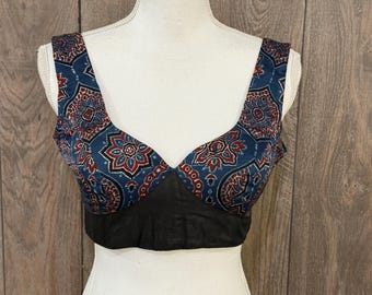 Blue Modal Silk Sleeveless Ajrakh Blouse / Free shipping in US