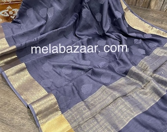 Gray Chanderi Silk Cotton Saree / Vegan Banarsi Saree /Fall Attached /Free Shipping In US