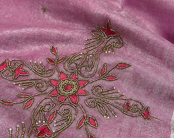 Hand Embroidered Pink Tissue Linen Saree /Free Shipping In US