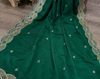 Bottle green embroidered dupatta on vegan crepe silk / stole / wrap / Free Shipping in US