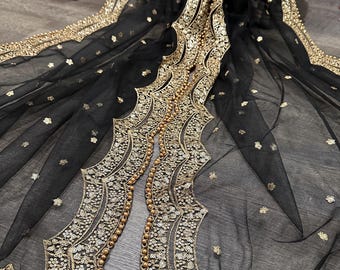 Black Net Dupatta with Gold Sequins / Free Shipping in US