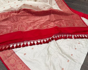 Red and White Pure Banarasi Silk  / Pure Katan Silk / Free Shipping In US