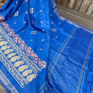 Royal Blue Silk Linen Saree / Embroidered with Zari Border /Free Shipping In US