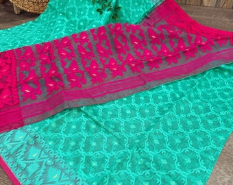 Sea Green Jamdani Saree / Fall Attached/ Free Shipping in US