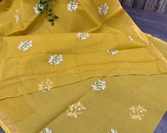 Embroidered Pure Cotton Kota Saree, Mustard Yellow  /Free Shipping In US