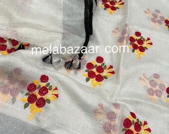 White Pure Linen Saree Embroidered / 100 count linen saree / Free Shipping In US