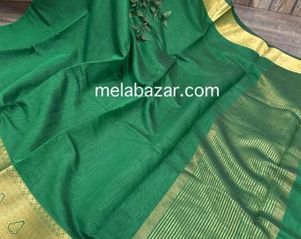 Green Saree / Chanderi Cotton by Silk Saree / Vegan Saree / Free Shipping in US
