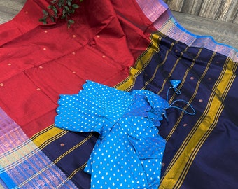 Red Kanchi Silk Cotton Saree with Stitched Blouse / Free Shipping in US