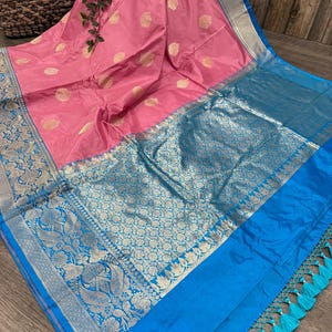 Blau und Pink Banarasi Handloom Saree / Reine Katan Seide / Kostenloser Versand in den USA