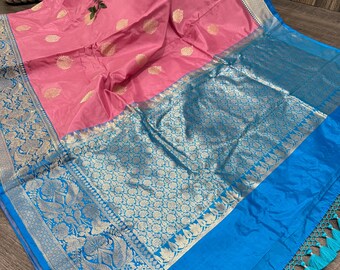 Blue and Pink Banarasi Handloom Saree / Pure Katan Silk / Free Shipping In US