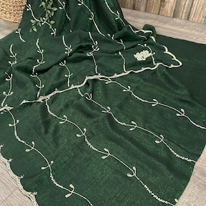 Embroidered Crushed Metallic Bottle Green Saree /Free Shipping In US