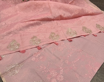 Pink Kota Cotton Silk Saree with Pitta Work /Fall Attached  Free Shipping In US
