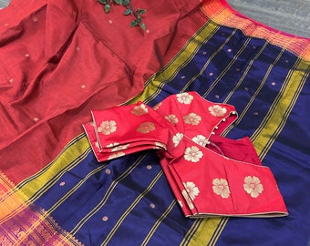 Maroon Red Kanchi Silk Cotton Saree with Stitched Blouse / Free Shipping in US
