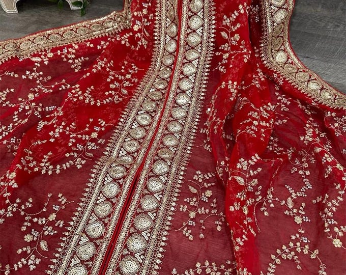 Featured listing image: Embroidered Organza Red Dupatta /Stole /Wrap, Free Shipping in US