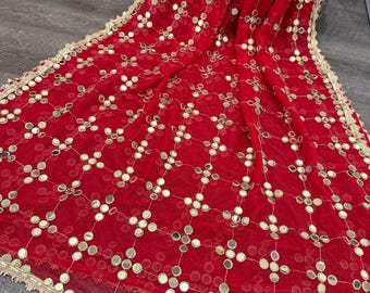 Red Net Dupatta with Mirrors / Free Shipping in US