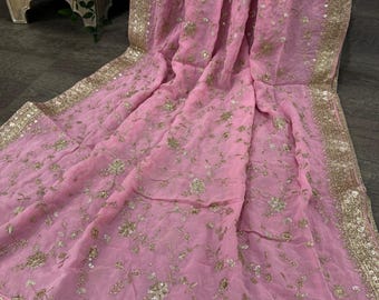 Embroidered Pink Fine Georgette Dupatta /Shawl /Wrap/ Free Shipping in US