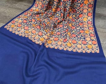 Blue Embroidered Pure Wool Shawl / Kashmiri Stole / Free Shipping in US