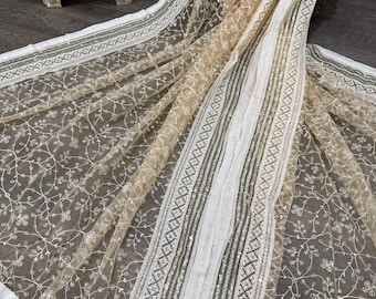 Embroidered Beige Net Dupatta /Stole/Wrap/ Lightweight Dupatta/ Ships from Ohio