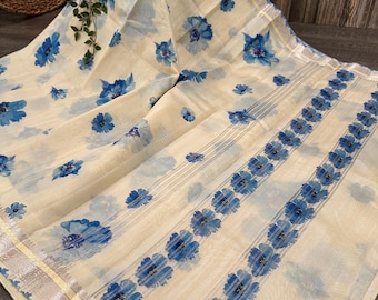 Cream Floral Cotton Silk Saree /  Free Shipping In US