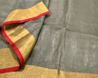Pure Linen Saree with Zari Border / 100 Count Linen /Free Shipping In US