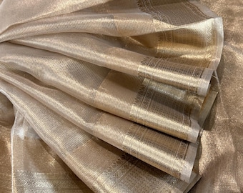 Light Gold Tissue Banarasi Saree / Vegan Saree /Fall attached /Free Shipping In US