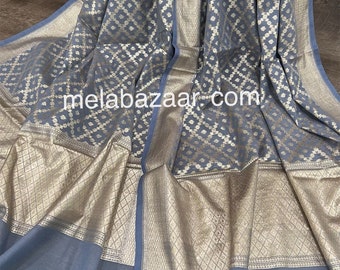 Blue Gray Banarsi Handloom Dupatta /Stole/Wrap/ Free Shipping