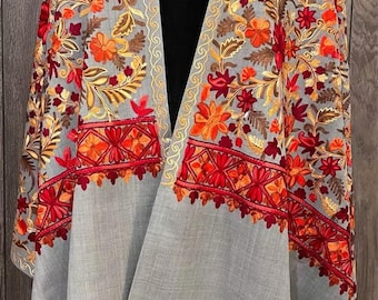 Gray Embroidered Pure Wool Shawl / Kashmiri Stole / Free Shipping in US