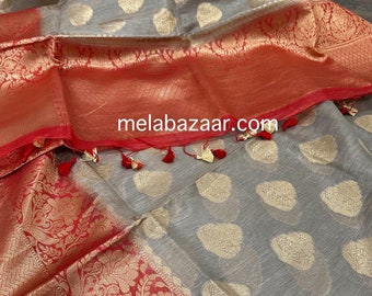 Gray Silk Linen Banarsi Saree / Free Shipping In US
