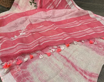 Pearl Work Pink Pure Linen Saree with Shibori Print /Free Shipping In US