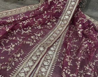 Embroidered Wine Organza Dupatta /Stole/Wrap, Free Shipping In US