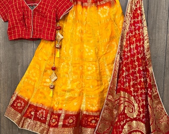 Bandhej Yellow Lehenga Set with Blouse and Dupatta / Art Silk / Free Shipping in US