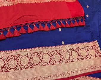 Pure Katan Silk Blue Banarasi Handloom Saree / Free Shipping In US
