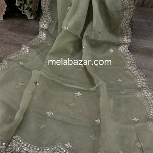 Lime and White Floral Printed Wrap Set with Organza Dupatta