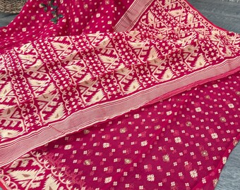 Reddish Pink Jamdani Saree / Fall Attached/ Free Shipping in US