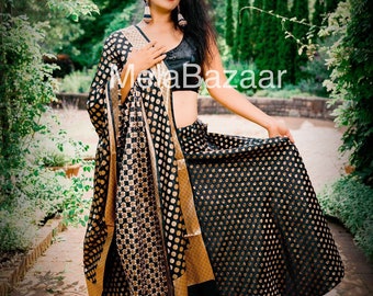 Soft Satin Banarsi Skirt /lehenga with gold zari/ Free Shipping in US