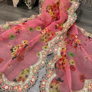 Peachy Pink Floral Organza Dupatta /Stole/Wrap, Free Shipping in US