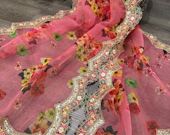 Peachy Pink Floral Organza Dupatta /Stole/Wrap, Free Shipping in US