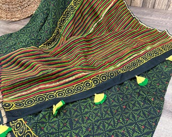 Handprinted Dark Green Chanderi Silk Cotton Saree /Fall Attached / Ship from US