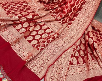 Maroon and Red Bandhej Banarasi Dupatta / Shawl / Pure Silk Georgette / Free Shipping in US