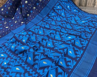 Navy Blue Jamdani Saree / Fall Attached/ Free Shipping in US
