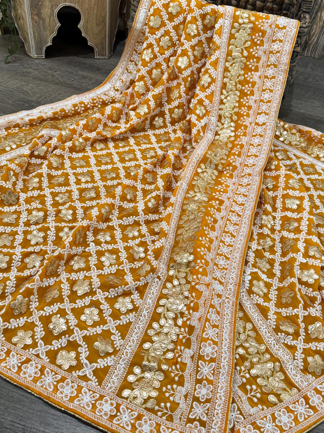 Yellowish Orange Hand embroidered Drape Crop Set with Heavy embroidered Shrug & Potli main image 1