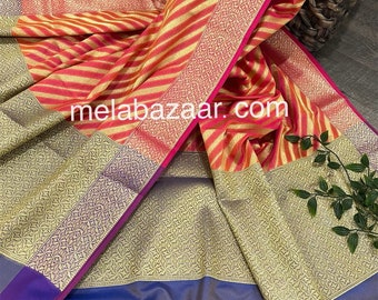 Striped Banarsi Dupatta Coral Pink and Gold /Silk Stole/Wrap/ Free Shipping